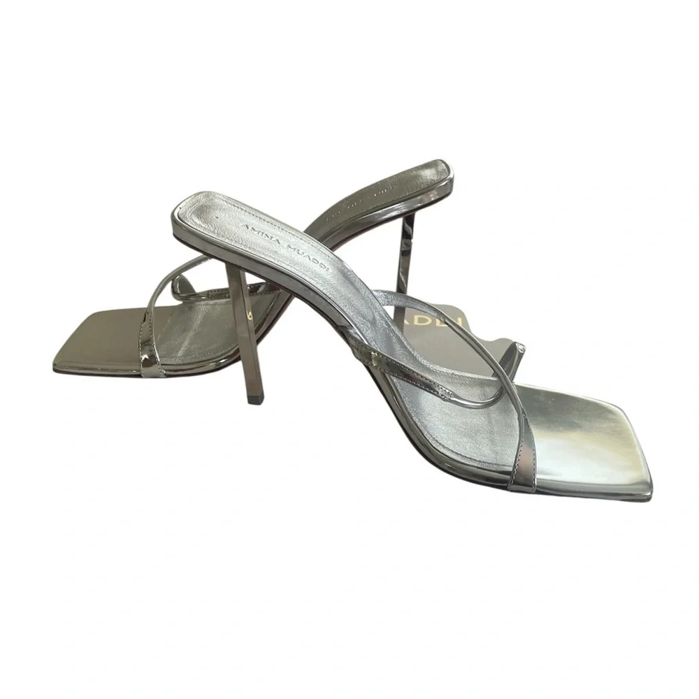 ✨ NEW! Authentic! Amina Muaddi Silver Strappy Heels – Size 38.5 ✨ Mules